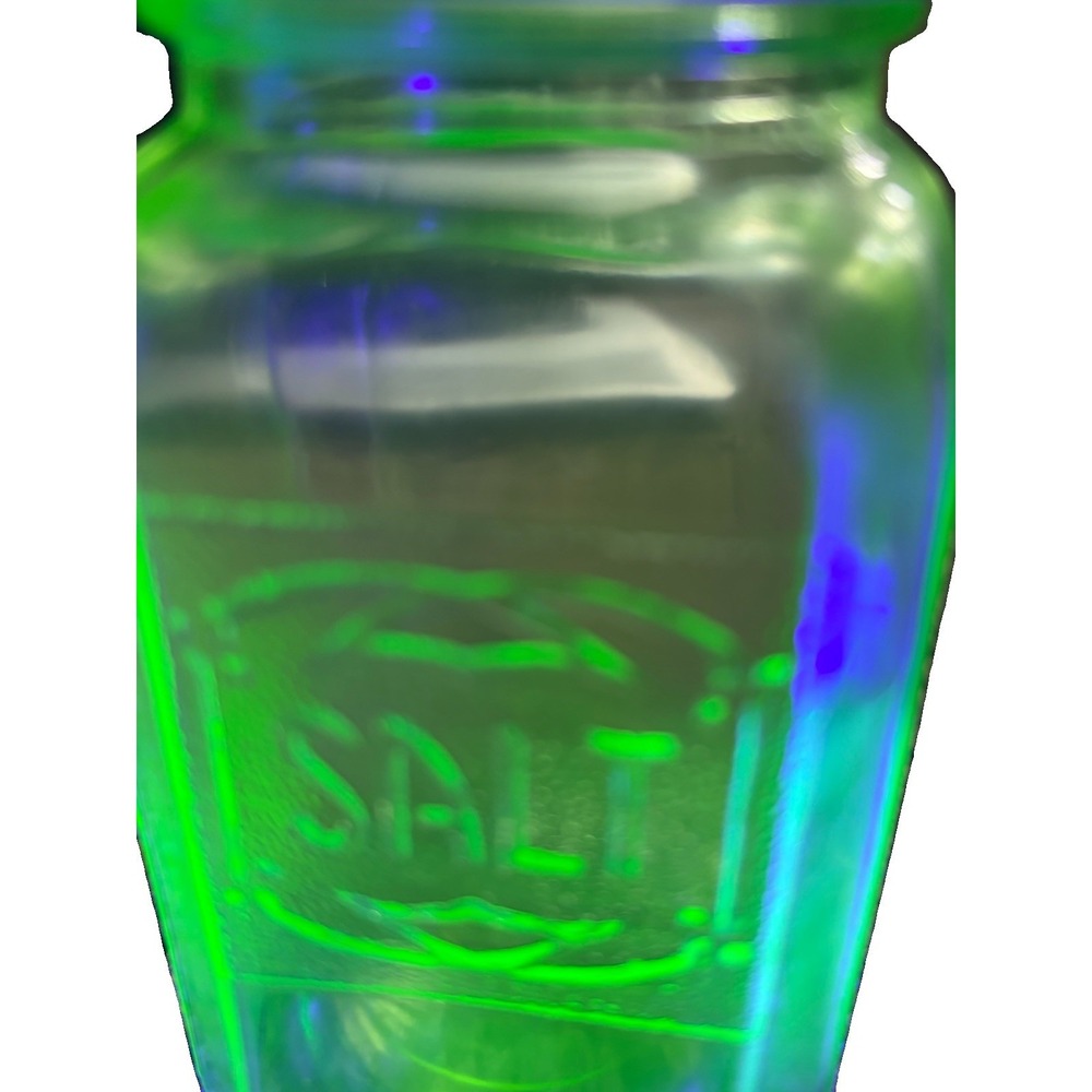 Vtg Uranium Vaseline Glass "Salt" Range Shaker W/original aluminum Lid UV Rx
